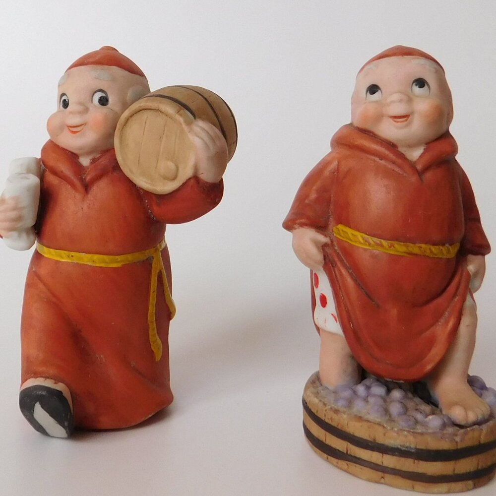 Monk Frier Figurines in Robes Lot Wine Barrel and Stomping Grapes George Taiwan